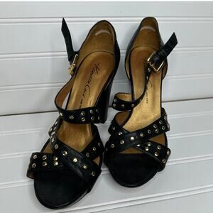 Kenneth Cole NY genuine leather black strappy heels studs buckle gold‎